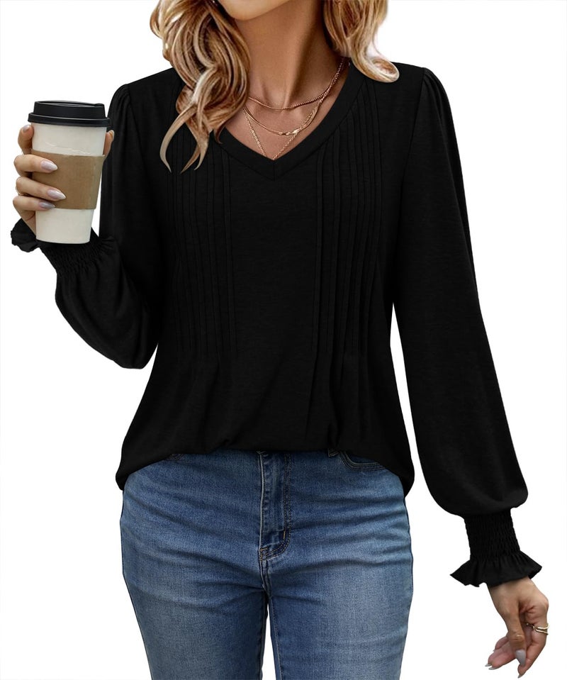 ROSELINLIN Womens Tunic Top Loose Fit Long Sleeve Boho Shirts Black L - Image 2