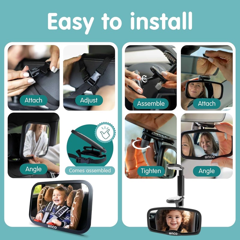 Onco Baby Car Mirror Set – Rearward & Forward-Facing Mirror, 100% Shatterproof & Shakeproof, Clear Wide View with 360° Rotation & Clip-On Design, Travel Essentials for Newborns & Babies - Image 5