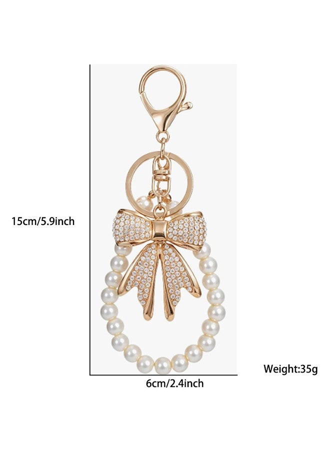 Quantum Cute Pearl Rhinestone Bow Keychain - Pearl Beaded Key Ring Pendant - Fashion Bowknot Charm - Aesthetic Anti-Lost Wrist Strap for Women Girls Bag Airpods Camera Decor - Image 2