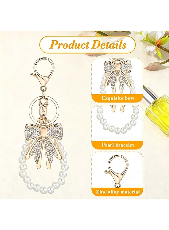 Quantum Cute Pearl Rhinestone Bow Keychain - Pearl Beaded Key Ring Pendant - Fashion Bowknot Charm - Aesthetic Anti-Lost Wrist Strap for Women Girls Bag Airpods Camera Decor - Image 3