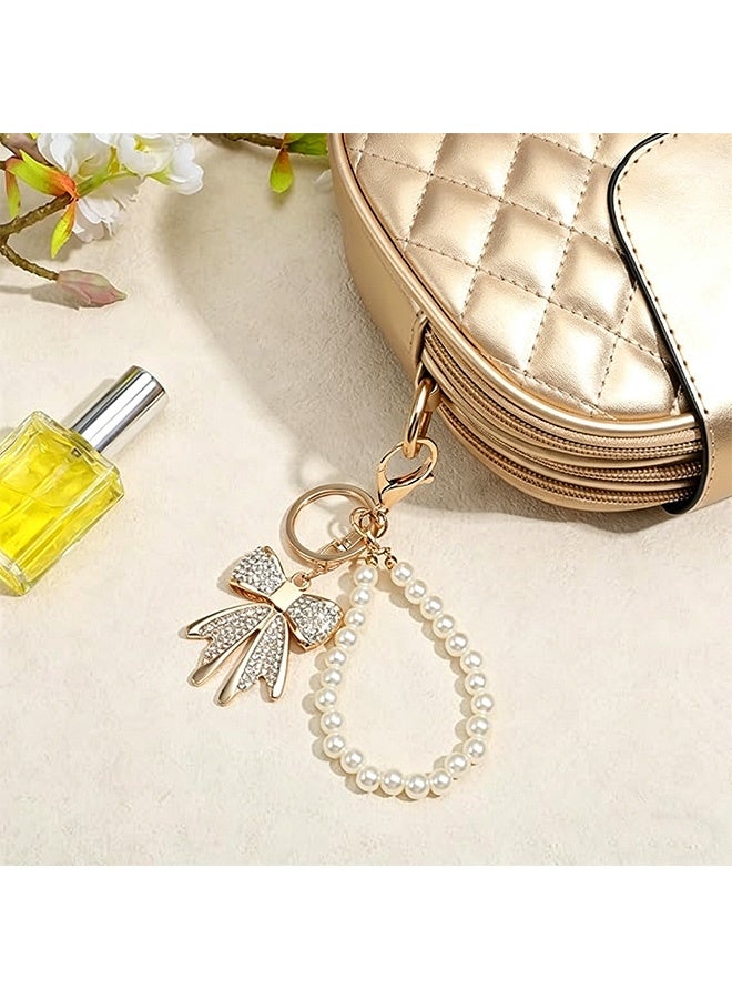 Quantum Cute Pearl Rhinestone Bow Keychain - Pearl Beaded Key Ring Pendant - Fashion Bowknot Charm - Aesthetic Anti-Lost Wrist Strap for Women Girls Bag Airpods Camera Decor - Image 4