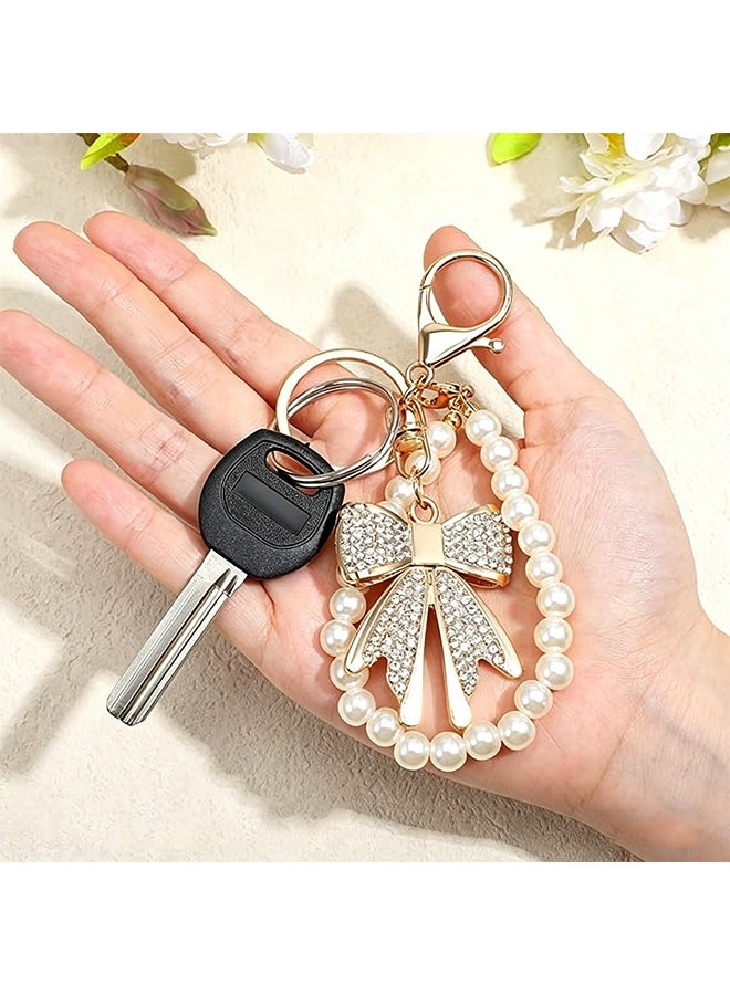 Quantum Cute Pearl Rhinestone Bow Keychain - Pearl Beaded Key Ring Pendant - Fashion Bowknot Charm - Aesthetic Anti-Lost Wrist Strap for Women Girls Bag Airpods Camera Decor - Image 5