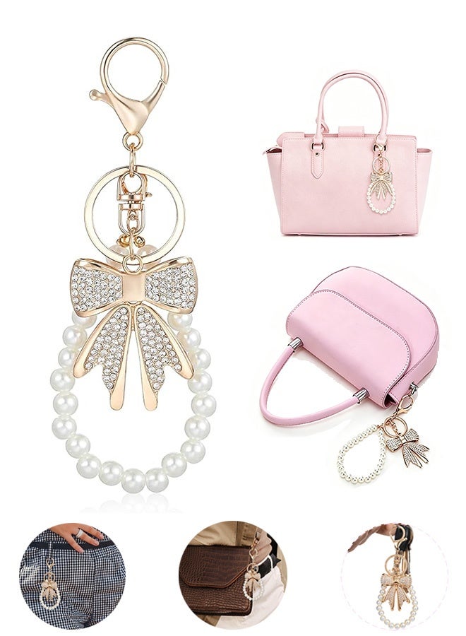 Quantum Cute Pearl Rhinestone Bow Keychain - Pearl Beaded Key Ring Pendant - Fashion Bowknot Charm - Aesthetic Anti-Lost Wrist Strap for Women Girls Bag Airpods Camera Decor - Image 1