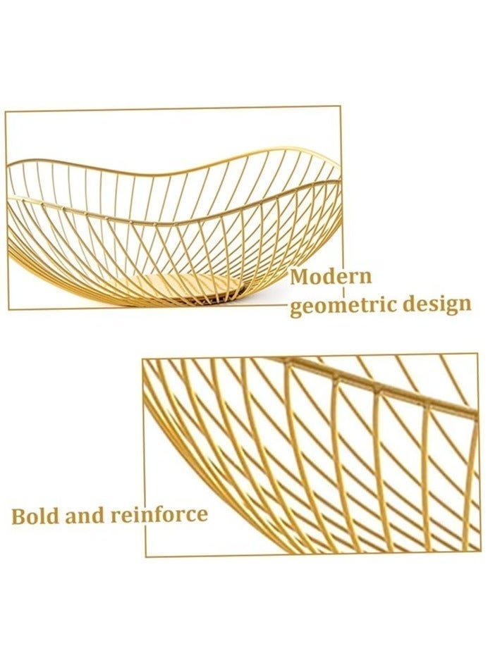 قطعتان من الأطباق ذات الطبقة الواحدة ذات الحواف المنحنية القصيرة، بتصميم عصري مبتكر وأنيق، حامل سلة تقديم الخضروات والفواكه والخبز من سلك معدني من الحديد، باللون الذهبي - Image 3