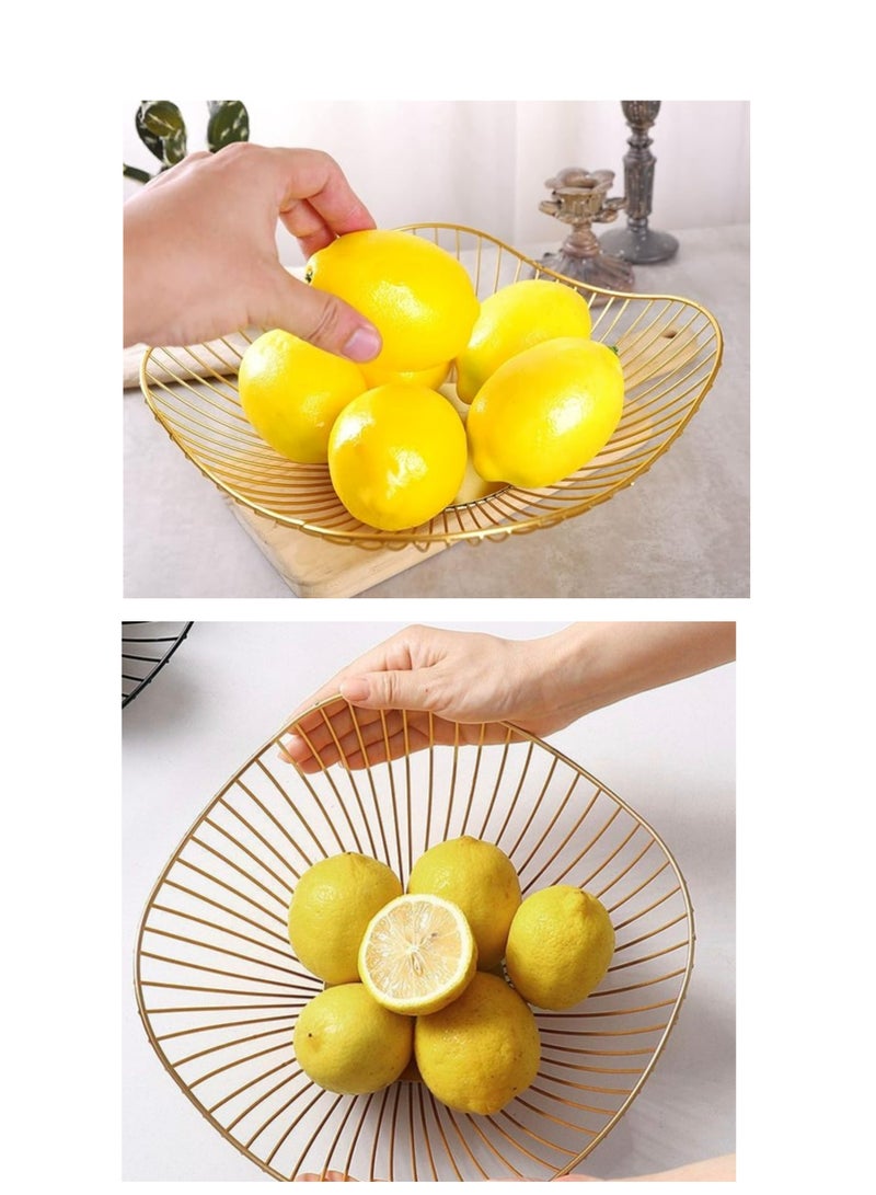 قطعتان من الأطباق ذات الطبقة الواحدة ذات الحواف المنحنية القصيرة، بتصميم عصري مبتكر وأنيق، حامل سلة تقديم الخضروات والفواكه والخبز من سلك معدني من الحديد، باللون الذهبي - Image 5