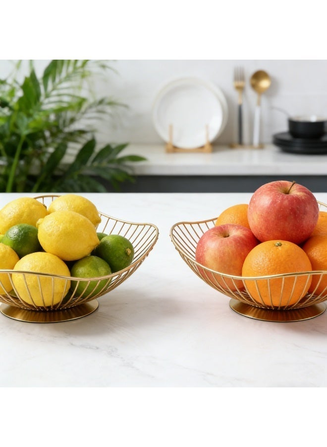 2-Pack Modern Gold Wire Fruit Bowls - Decorative Metal Bread Basket & Vegetable Storage - Elegant Wave Edge Serving Dish for Kitchen Counter, Dining Table, Party - Image 1