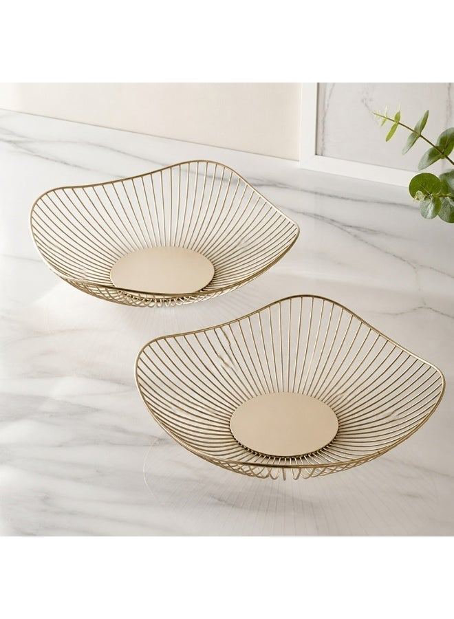 2-Pack Modern Gold Wire Fruit Bowls - Decorative Metal Bread Basket & Vegetable Storage - Elegant Wave Edge Serving Dish for Kitchen Counter, Dining Table, Party - Image 1