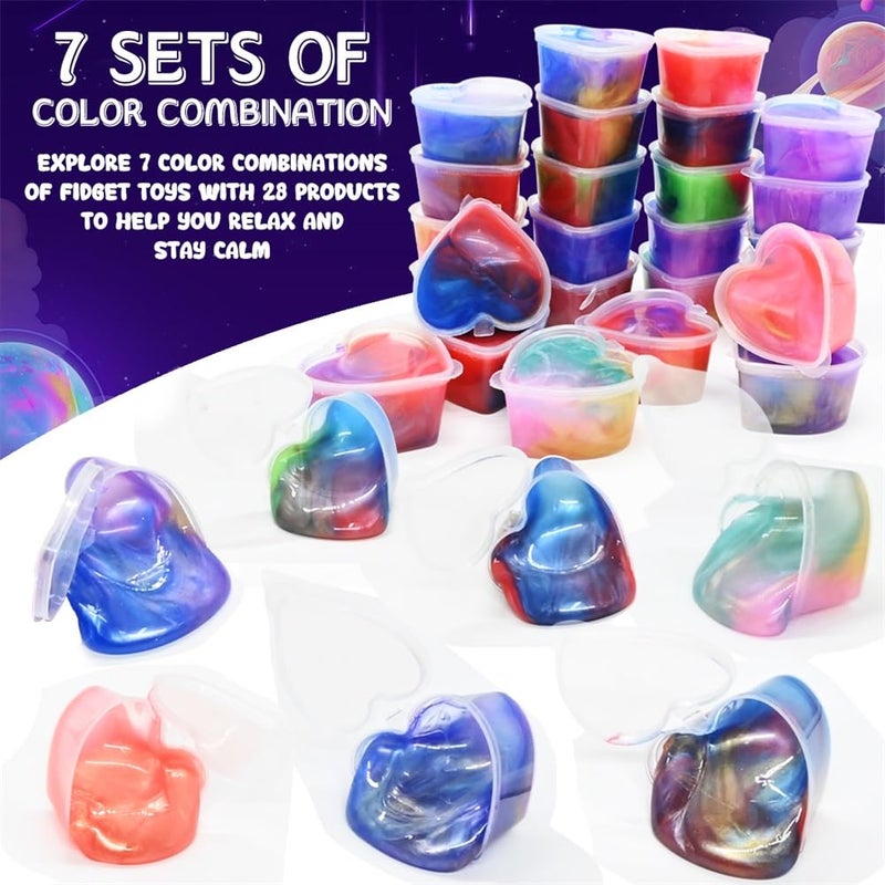 LUKBERA 28 Pack Galaxy Slimes Set, Heart Slime Stress Relief for Kids Boys Girls Valentines Day Classroom School Exchange Birthday Gifts Game Prizes - Image 3