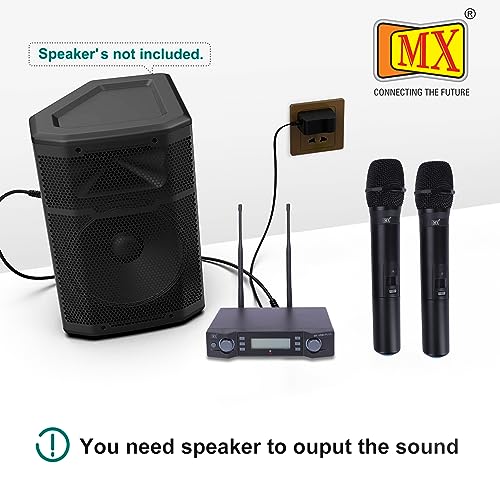 MX Wireless Microphone System Two Handheld Cordless Mic and Dual Channel Receiver 100 Feet Distance Cover (100 Each Channels) for Karaoke Singing PartyDJWeddingSchool Presentation - Image 3