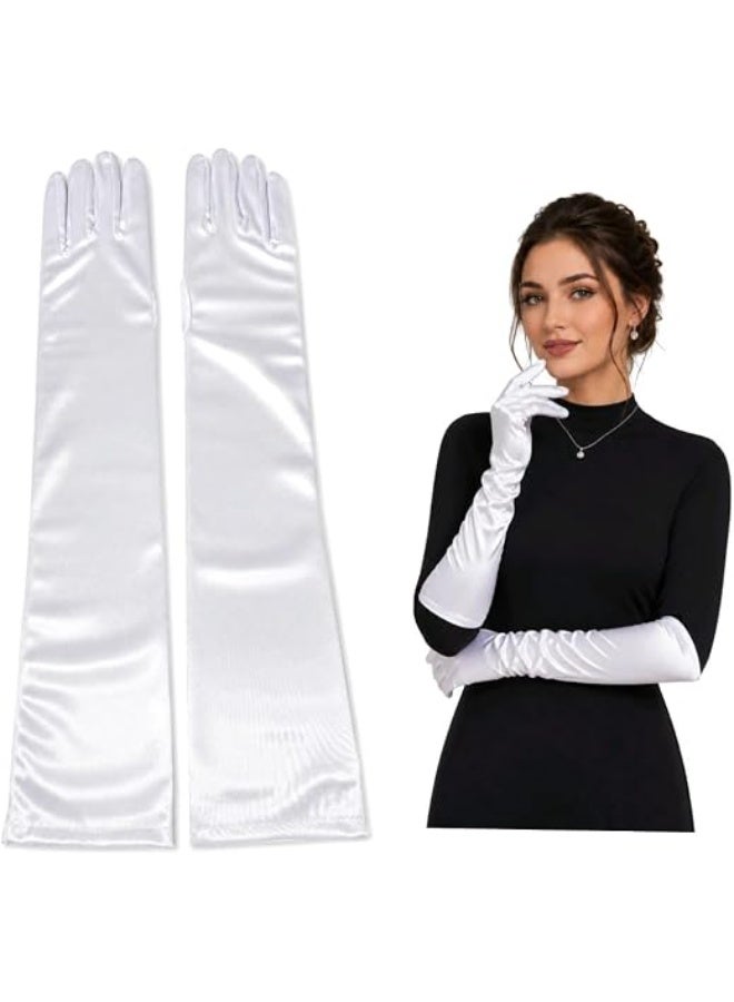 قفازات ساتان مستورده طويلة للنساء، لون أبيض - Image 1