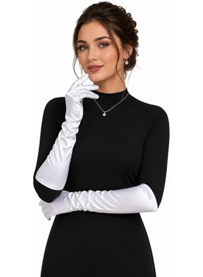 قفازات ساتان مستورده طويلة للنساء، لون أبيض - Image 2