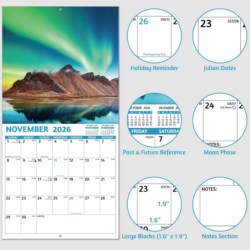 GoiUnlt 2026 Calendar, 2026 Wall Calendar, Northern Lights Calendar 2026 from Jan 2026 - Dec 2026, 12" x 24" (Open), 12 Month Wall Calendar 2026, Large Blocks, Thick Paper, Hanging Holes, Ample Writing Space - Image 4