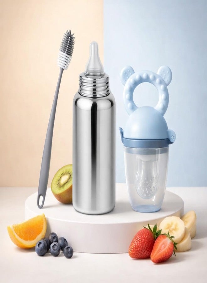 AEREX Stainless Steel Baby Feeding Bottle with Cleaning Brush & Silicone Rabbit Fruit Nibbler | Insulated Leak-Proof Baby Milk Bottle | Safe BPA-Free Baby Feeding Set for Newborns & Toddlers (Blue) - Image 1