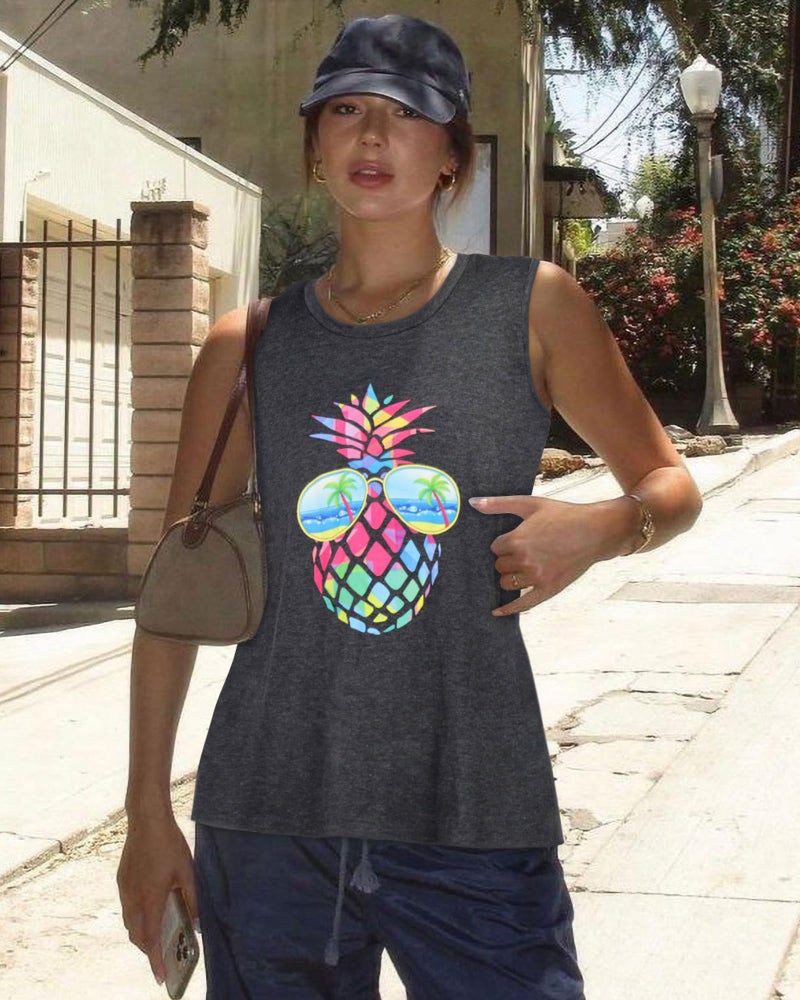 rosemia Tank Tops for Women Summer Graphic Pineapple Tshirts Sleeveless Casual Ladies Tunic Blouse(Pineapple Dark Grey, 2XL) - Image 2
