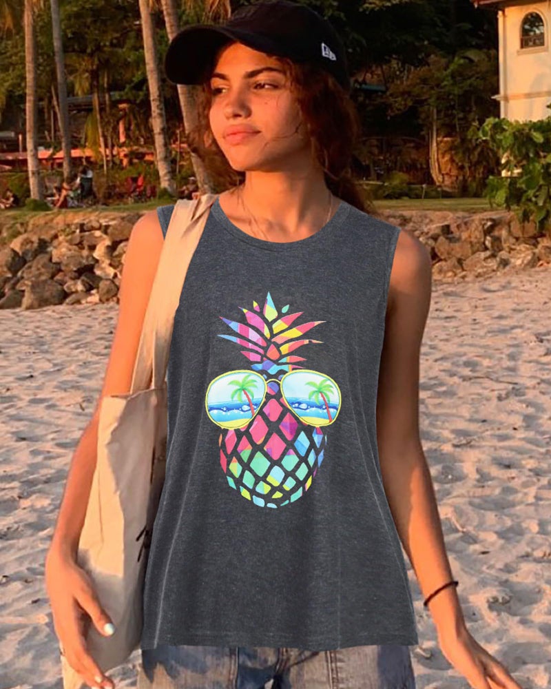 rosemia Tank Tops for Women Summer Graphic Pineapple Tshirts Sleeveless Casual Ladies Tunic Blouse(Pineapple Dark Grey, 2XL) - Image 4