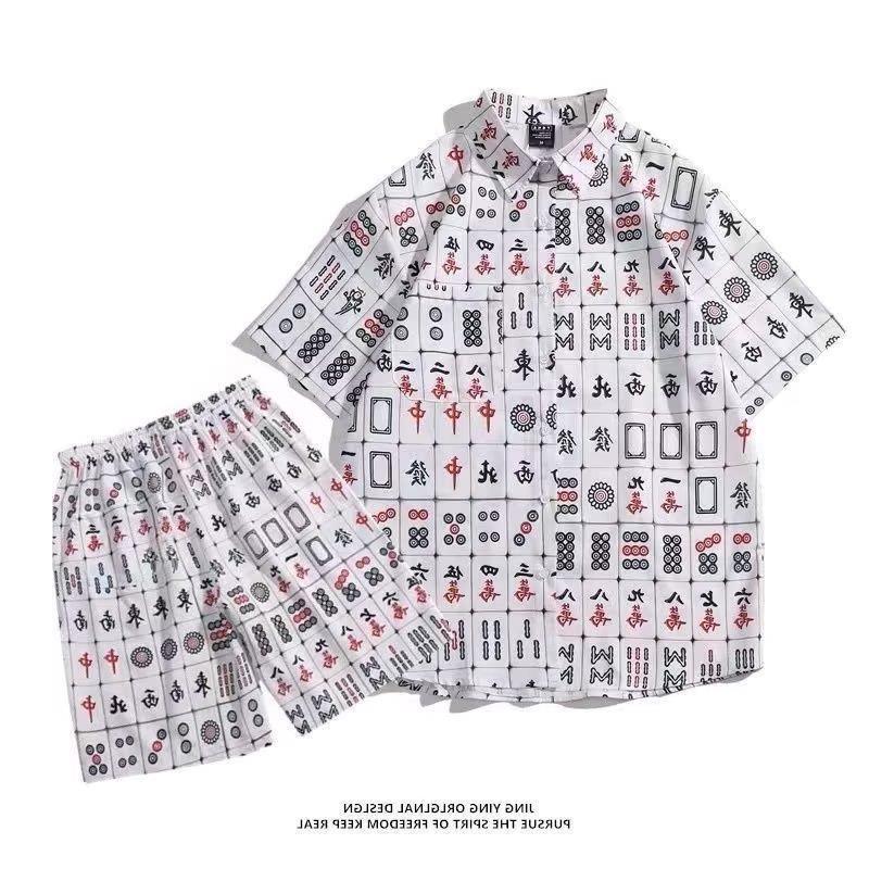 Mahjong Short-sleeved Summer Two-piece Set Distinctive Mahjong Shirt Mens Design Sense Fun Couple Shirt Street Fashion Brand [3101 set] white