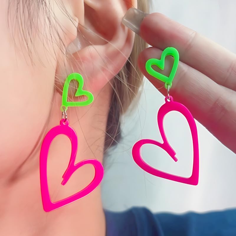 Modpide 80s Neon Earrings Double Hollow Heart Punk Retro Earrings 80s Outfit for Women (rose red) - Image 3