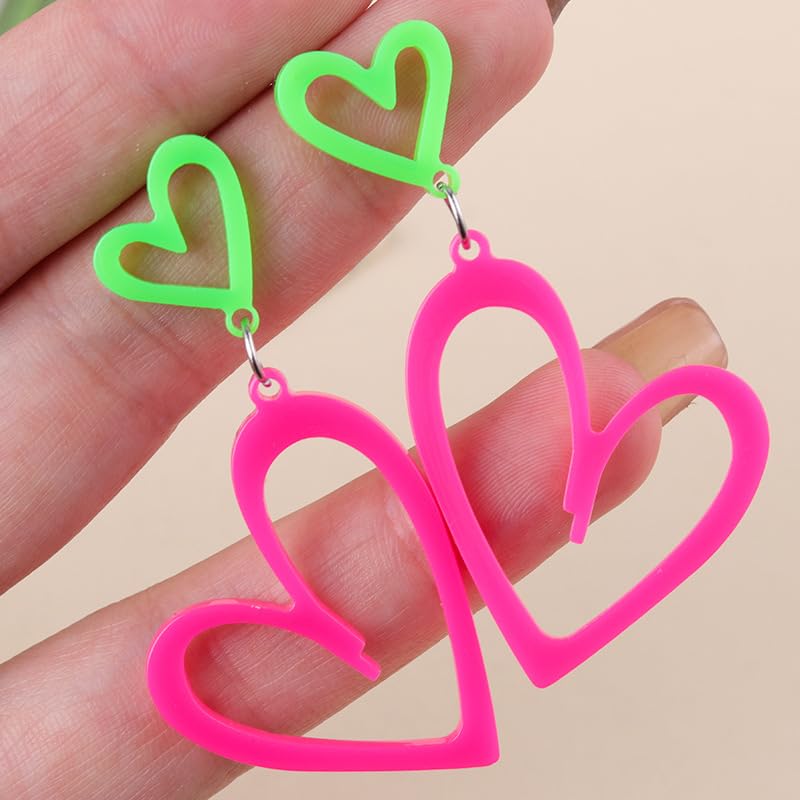 Modpide 80s Neon Earrings Double Hollow Heart Punk Retro Earrings 80s Outfit for Women (rose red) - Image 2