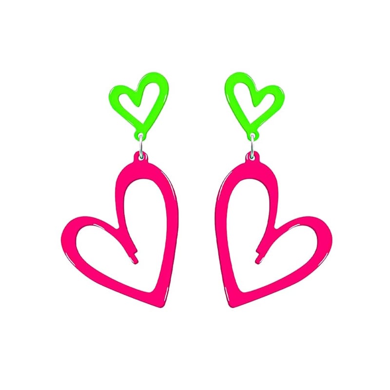 Modpide 80s Neon Earrings Double Hollow Heart Punk Retro Earrings 80s Outfit for Women (rose red) - Image 1