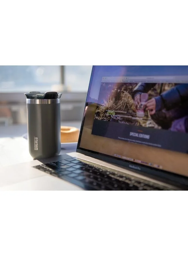 WACACO Octaroma GRANDE Vacuum Insulated Mug (435ml) - Double Wall Stainless Steel Coffee Travel Tumbler w/ Leakproof Drinking Lid, Reusable, Washable, BPA-Free, Hot & Cold - Grey