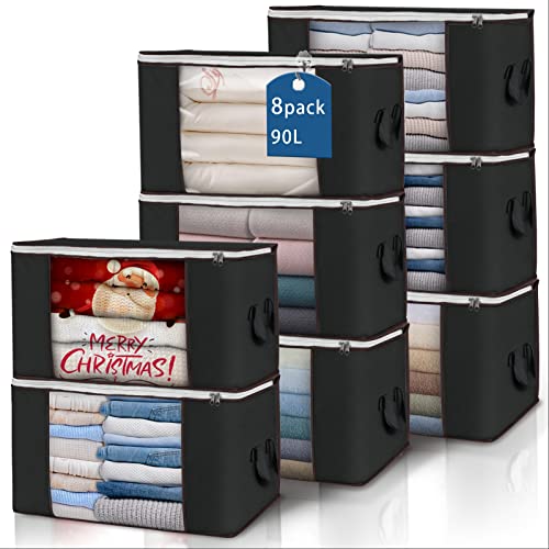 Budding Joy Large Storage Bags, 8 Pack Clothes Storage Bins Foldable Closet Organizers Storage Containers with Durable Handles Thick Fabric for Blanket Comforter Clothing Bedding 90 L (Black) - Image 1