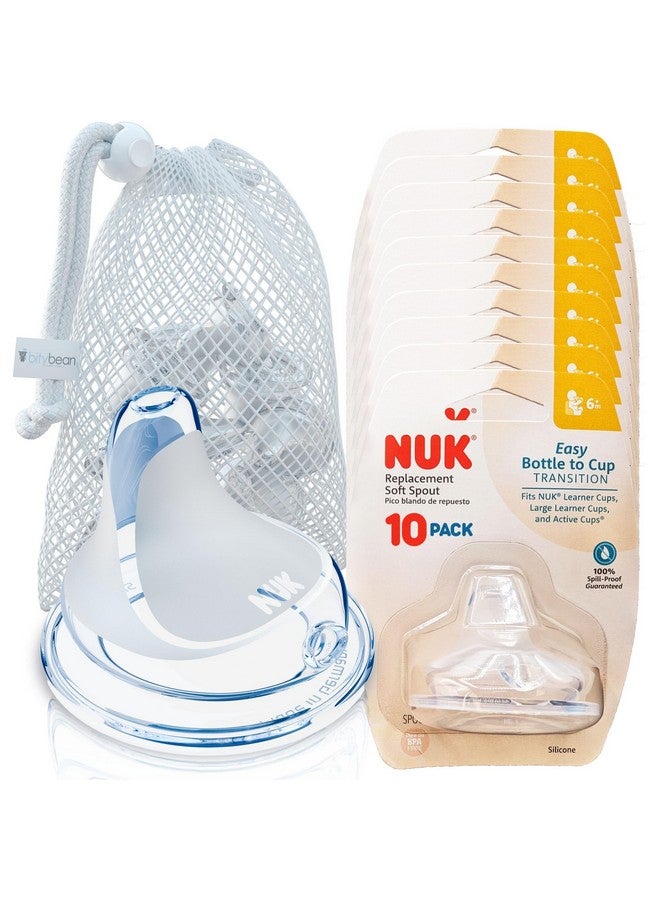 BityBean - NUK Nipple Replacement Spouts, Clear Silicone, Pack of 10 with Dishwasher Safe Mesh Bag - Fits NUK Bottle (10) - Image 1