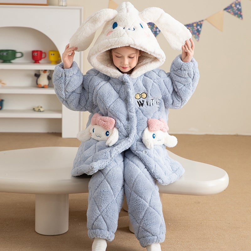 Girls' Merleti Winter Long Robe Set Three-Layer Cotton Suit Girls' Coral Fleece Winter Thick December - Image 1