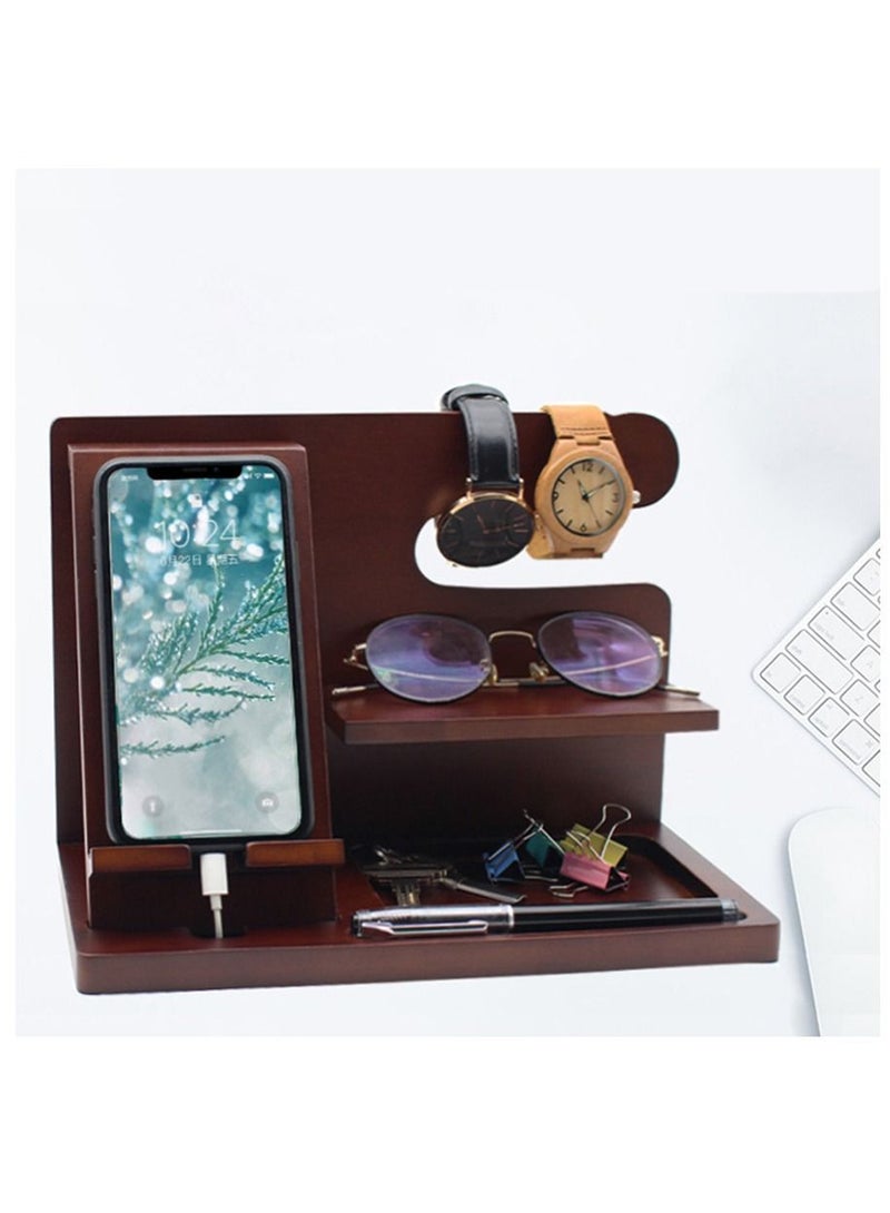 Y&D Double Layer Wooden Desktop Charging Docking Station and Bedside Organizer Holder for phone, pad or key - Image 1