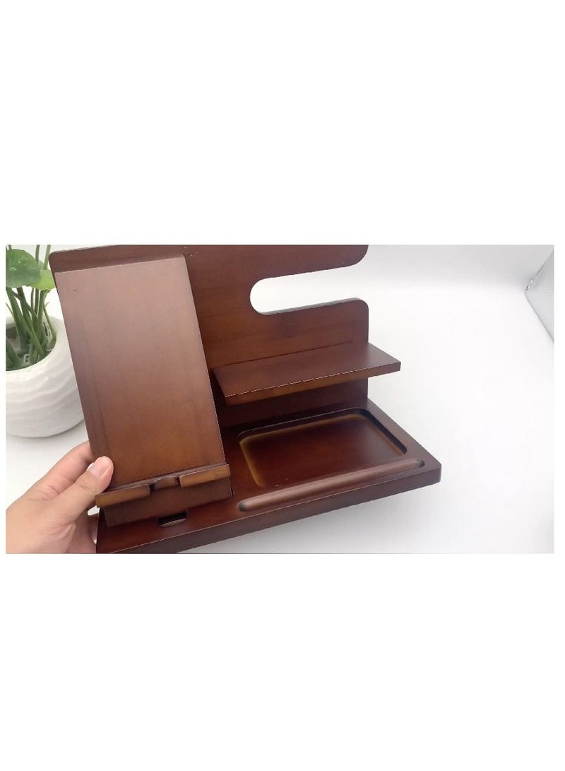 Y&D Double Layer Wooden Desktop Charging Docking Station and Bedside Organizer Holder for phone, pad or key - Image 2