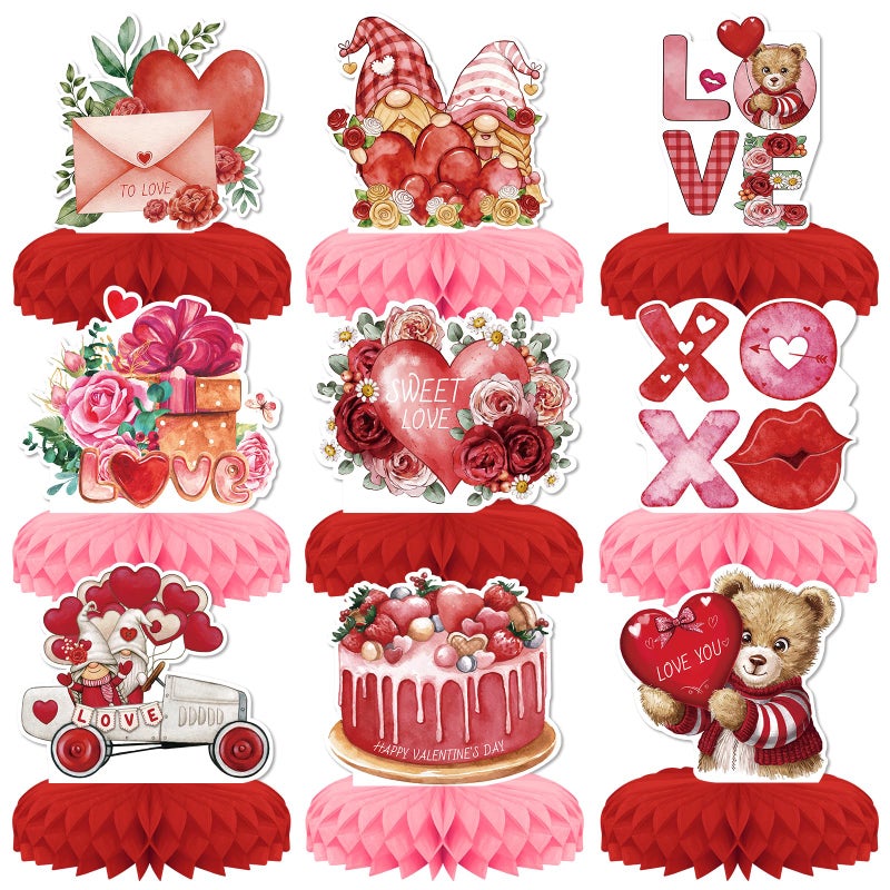 KSKSPE 9 Pcs Valentine's Day Party Decorations,KSKSPE Valentine's Day Honeycomb Centerpieces for Tables Heart 3D Valentines Day Theme Party Decor Supplies - Image 1