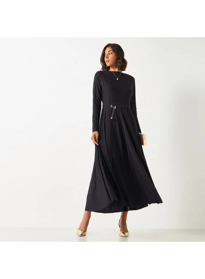 Iconic Iconic Pleated A-line Maxi Dress with Long Sleeves and Belt Detail