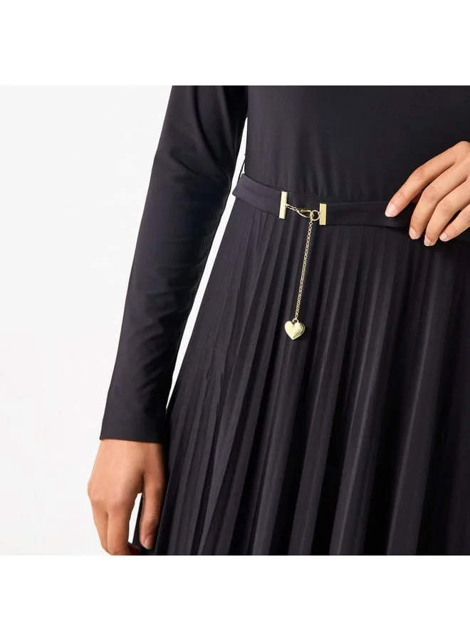 Iconic Iconic Pleated A-line Maxi Dress with Long Sleeves and Belt Detail