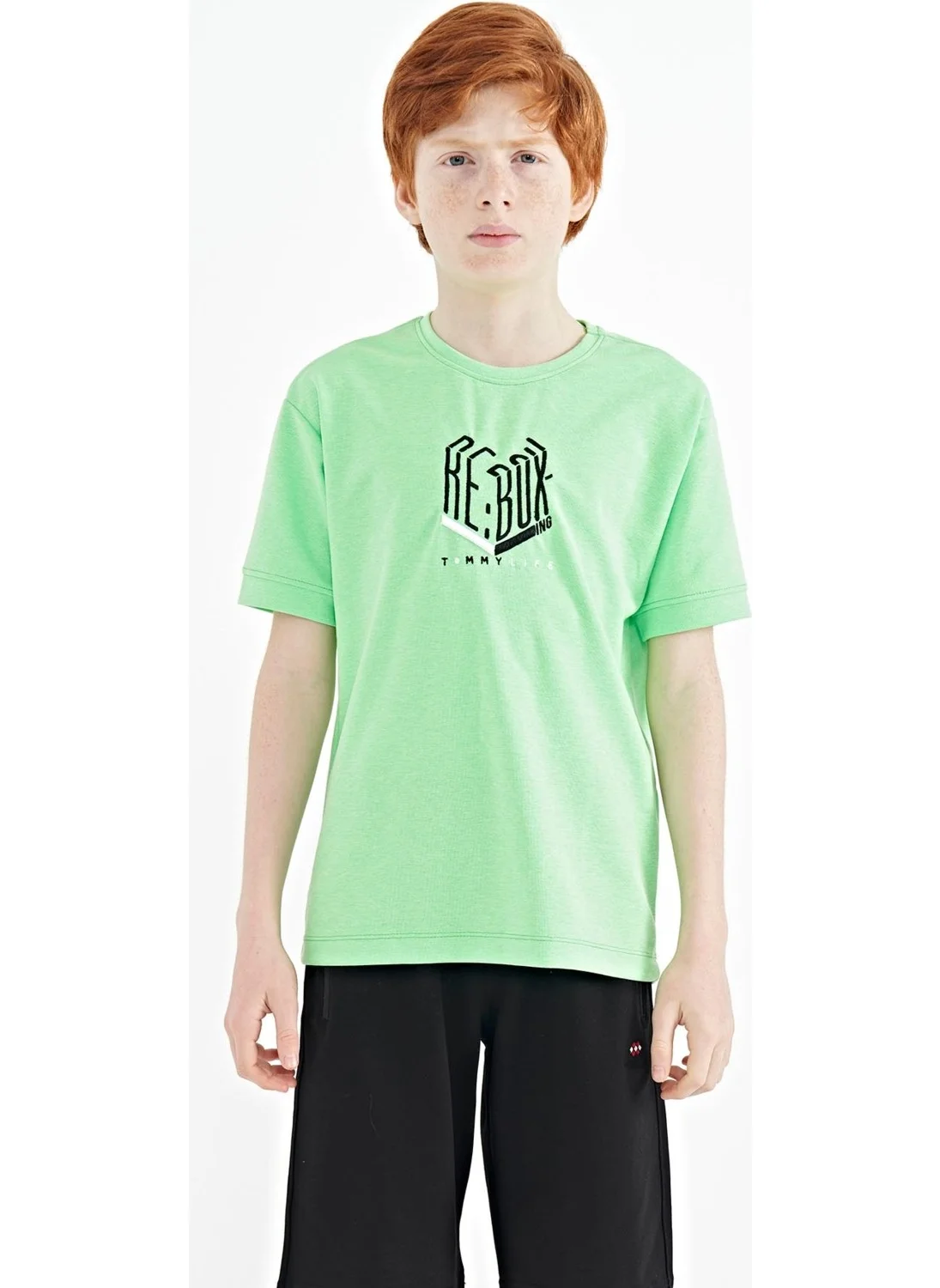 Tommy Life Neon Green Text Embroidered O Neck Oversize Boy T-Shirt - 11151
