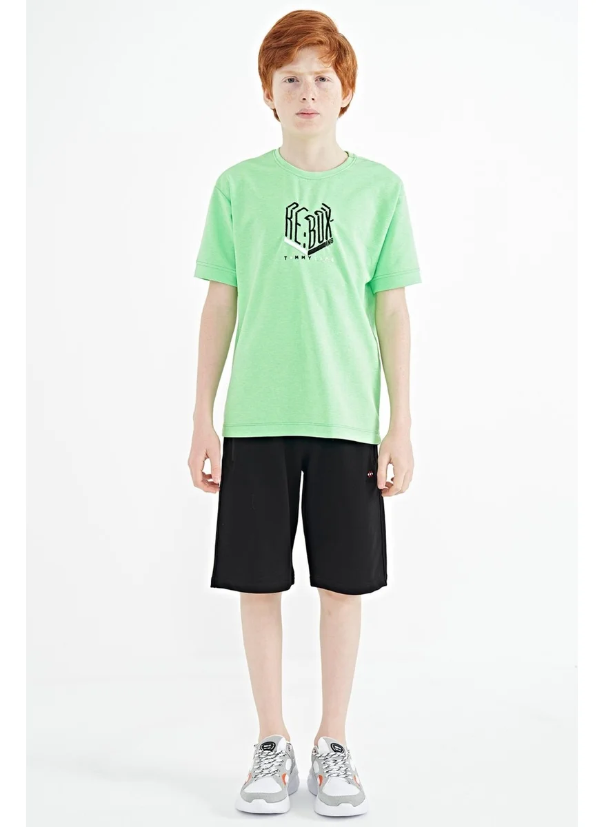 Tommy Life Neon Green Text Embroidered O Neck Oversize Boy T-Shirt - 11151
