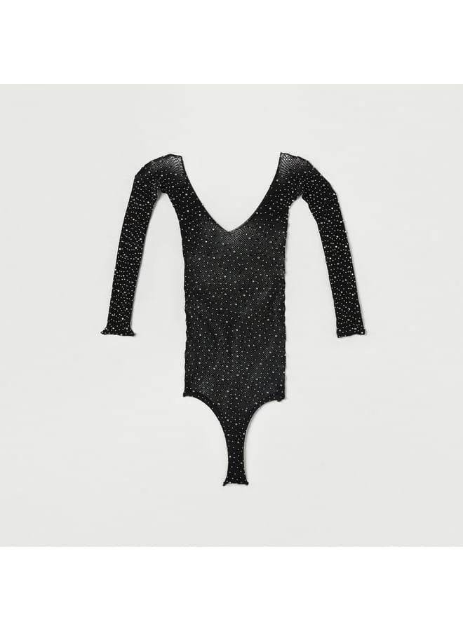 Splash FAV Embellished Bodysuit with Scoop Neck and Long Sleeves