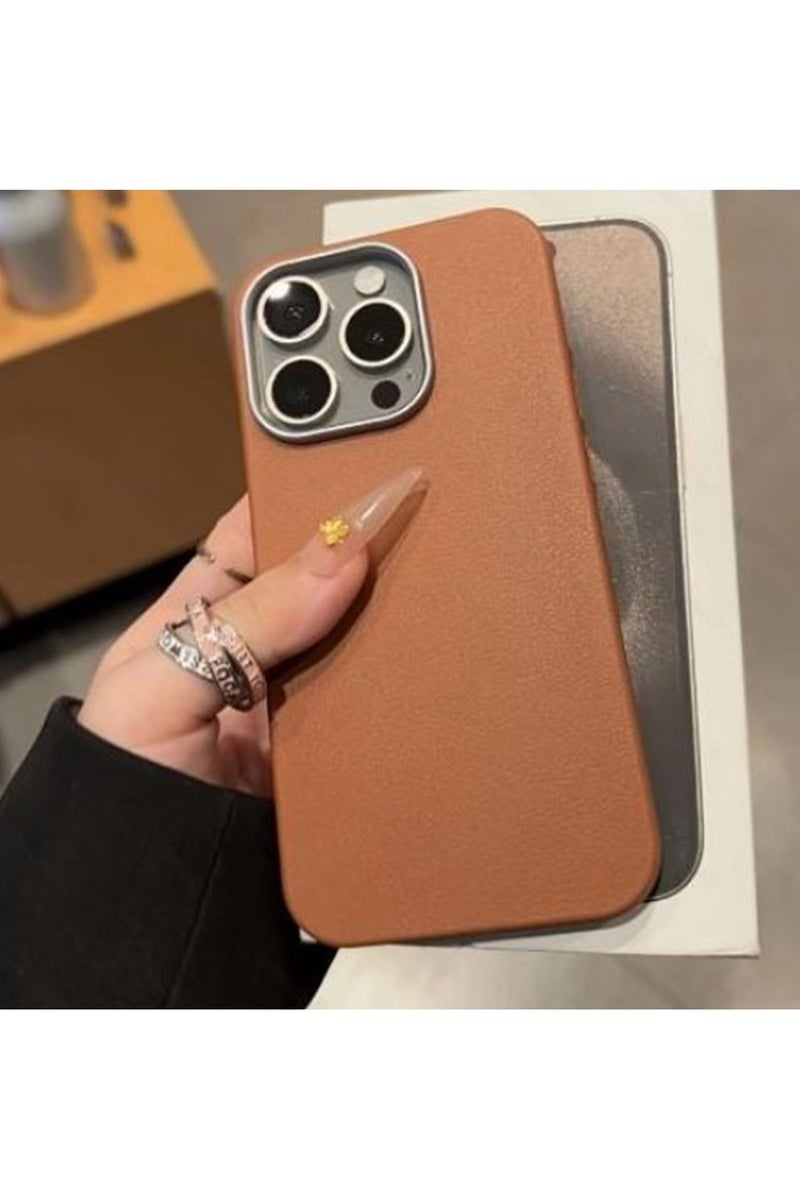 IPhone 13 Pro Max Cover Luxury Matte PU Leather, Shockproof Anti-fall Silicone Protective Cover Simple Fresh, Brown Color - Image 2