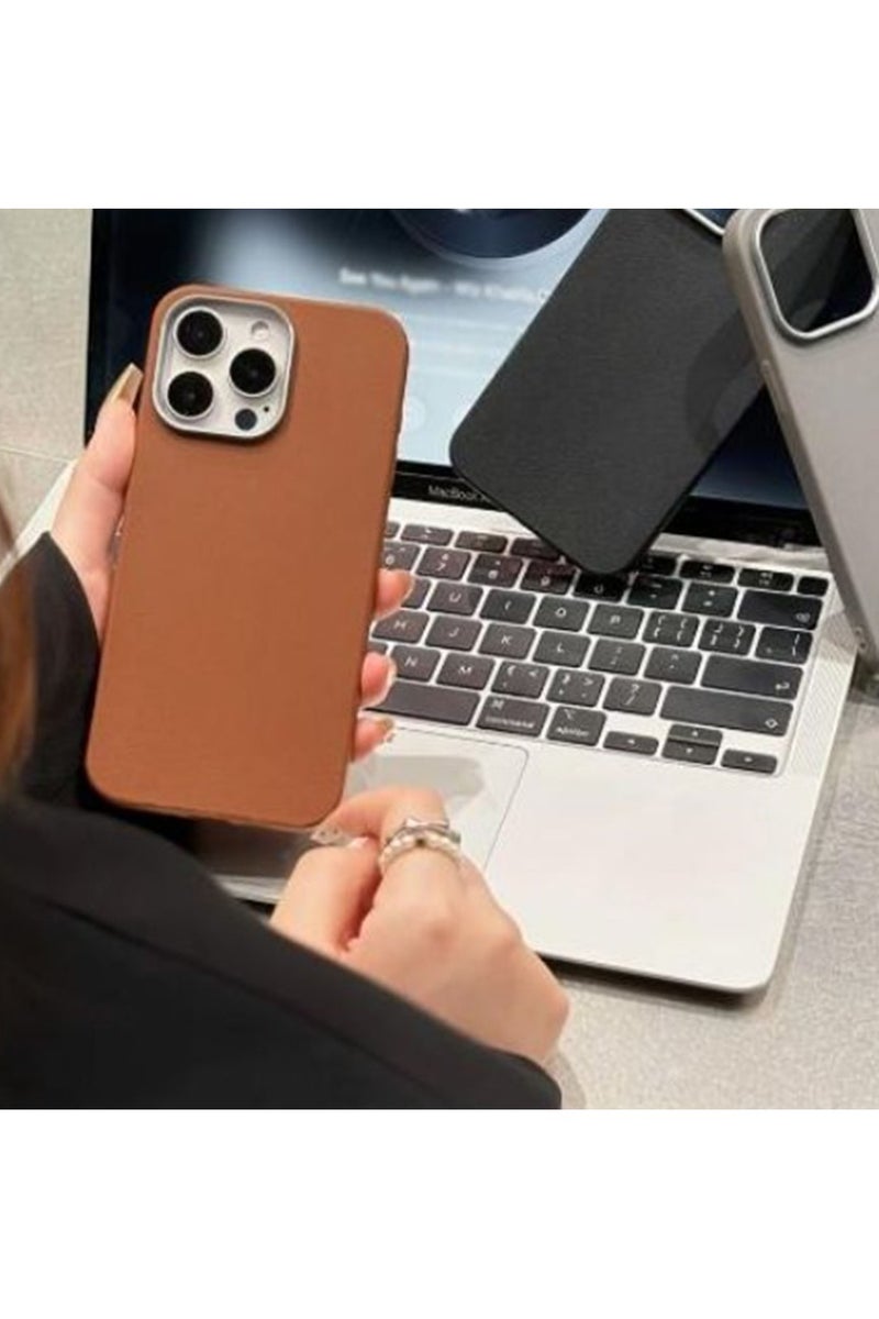IPhone 13 Pro Max Cover Luxury Matte PU Leather, Shockproof Anti-fall Silicone Protective Cover Simple Fresh, Brown Color - Image 3
