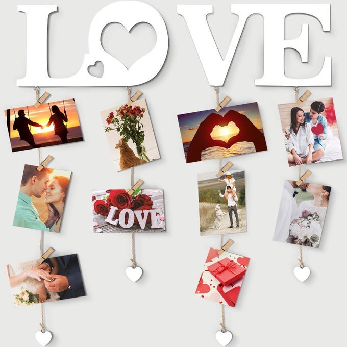 VALENTINE PICTURE FRAMES LOVE HANGING PHOTO DISPLAY WALL DECOR WITH CLIPS STRING PICTURE HANGER HEART DESIGN DECORATIVE ORGANIZER DISPLAY FOR HOME BEDROOM LIVING ROOM DECORATION WHITE