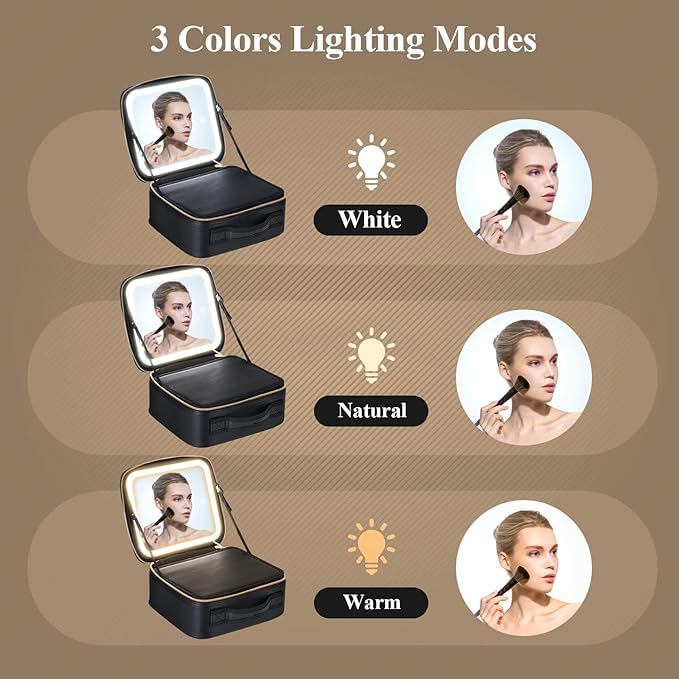 Ontrip Travel Makeup Bag with Light Up Led Mirror Portable Cosmetic Train Case with Adjustable Dividers Makeup Organizer Bag Storage Box for Women 3 Color Lights Black - Image 4