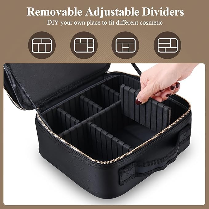 Ontrip Travel Makeup Bag with Light Up Led Mirror Portable Cosmetic Train Case with Adjustable Dividers Makeup Organizer Bag Storage Box for Women 3 Color Lights Black - Image 3