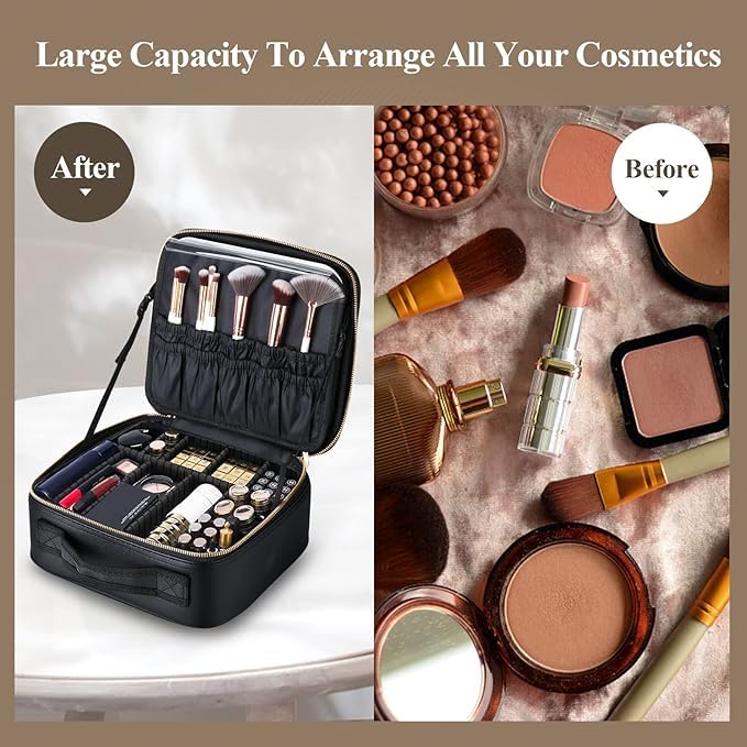 Ontrip Travel Makeup Bag with Light Up Led Mirror Portable Cosmetic Train Case with Adjustable Dividers Makeup Organizer Bag Storage Box for Women 3 Color Lights Black - Image 5
