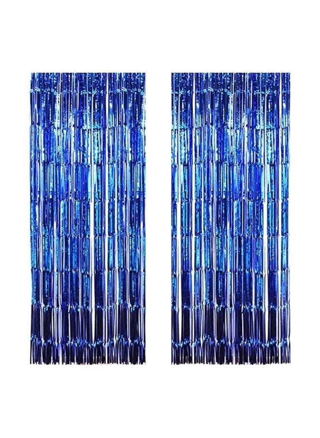 yongsheng 2-Piece Tassel Curtain Set ， Blue Foil Fringe Curtain Backdrop, 1*2m Tinsel Streamers for Sea Party, Photo Booth Props, Birthday, Summer Ocean Theme Party Decoration Supplies  - Image 1