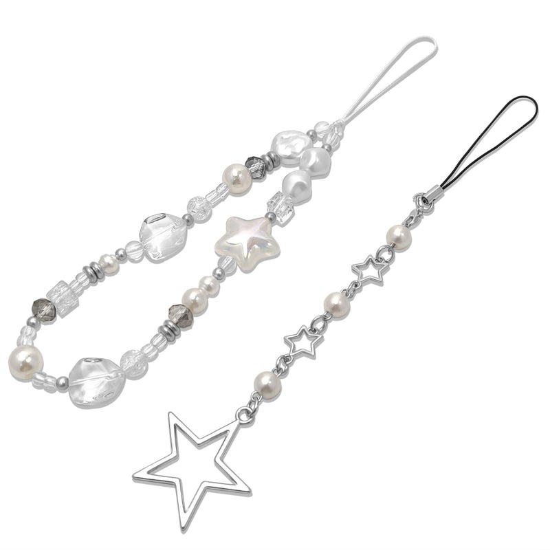 cioatu 2 Pack Phone Charms, Cute Aesthetic Beaded PhoneCharm Strap Phone Lanyard String PhoneChain Accessories for Bag Keychain Airpods Camera Pendants (White) - Image 1