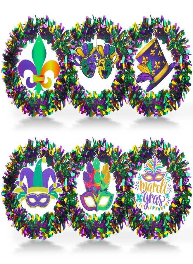 Daifunli 6 Sets 12 Inch Mardi Gras Wreath for Front Door Decorations Purple Green and Gold Tinsel Carnival Glitter Wreath with Wooden Mardi Gras Fleur De Lis Feather Sign Carnival Party Decoration - Image 1