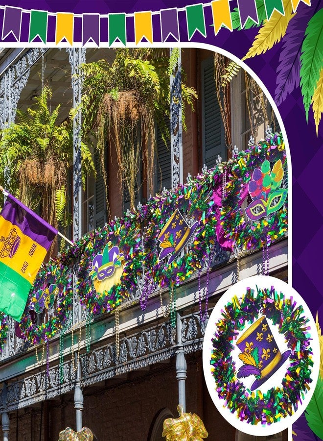Daifunli 6 Sets 12 Inch Mardi Gras Wreath for Front Door Decorations Purple Green and Gold Tinsel Carnival Glitter Wreath with Wooden Mardi Gras Fleur De Lis Feather Sign Carnival Party Decoration - Image 5