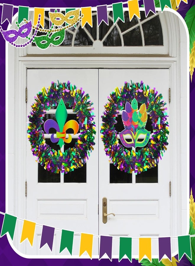 Daifunli 6 Sets 12 Inch Mardi Gras Wreath for Front Door Decorations Purple Green and Gold Tinsel Carnival Glitter Wreath with Wooden Mardi Gras Fleur De Lis Feather Sign Carnival Party Decoration - Image 2
