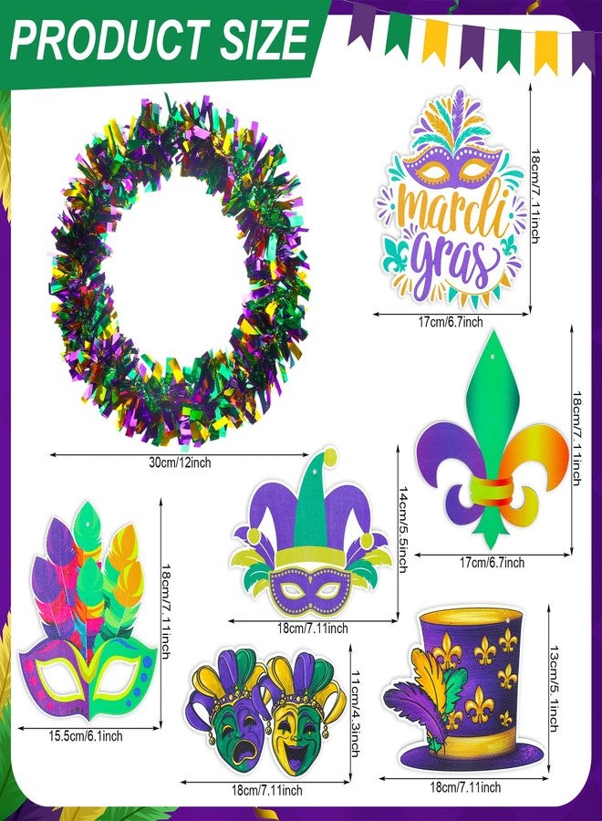 Daifunli 6 Sets 12 Inch Mardi Gras Wreath for Front Door Decorations Purple Green and Gold Tinsel Carnival Glitter Wreath with Wooden Mardi Gras Fleur De Lis Feather Sign Carnival Party Decoration - Image 4