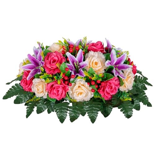 LVXINLI Cemetery Headstone Flower Saddle -Outdoor Grave Decorations ，Mixed of Artificial Silk Rose and Lily for Tombstones (red, Saddle) - Image 4