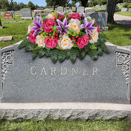 LVXINLI Cemetery Headstone Flower Saddle -Outdoor Grave Decorations ，Mixed of Artificial Silk Rose and Lily for Tombstones (red, Saddle) - Image 2