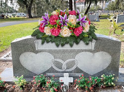 LVXINLI Cemetery Headstone Flower Saddle -Outdoor Grave Decorations ，Mixed of Artificial Silk Rose and Lily for Tombstones (red, Saddle) - Image 3